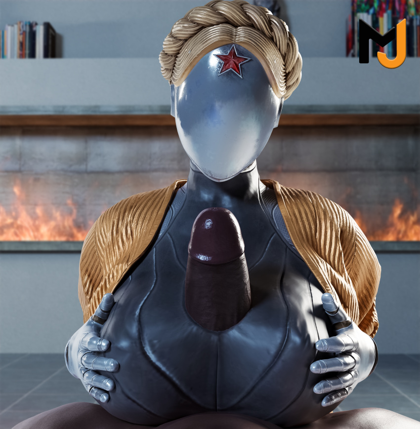 1boy 1girls 3d 3d_(artwork) atomic_heart ballerina big_breasts big_penis black_penis blender blender_(software) blender_cycles blonde_hair breasts dark-skinned_male dark_skin hands_on_breasts left_(atomic_heart) milkjuggz paizuri partial_male penis pov robot robot_girl robot_humanoid tagme the_twins_(atomic_heart) titfuck titjob video_games watermark