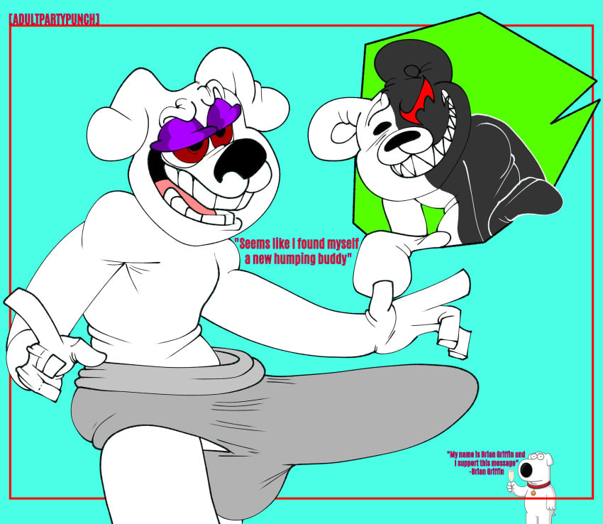 absurd_res adultpartypunch anthro bear brian_griffin bulge clothed clothing crack_pairing crack_ship crossover danganronpa digital_media_(artwork) duo english_text erection erection_under_clothing family_guy hi_res imminent_rape imminent_sex male male/male male_only mammal monokuma multicolored_body plushie plushophilia quote simple_background smile smooth_skin split_color standing teeth text toony underwear white_body