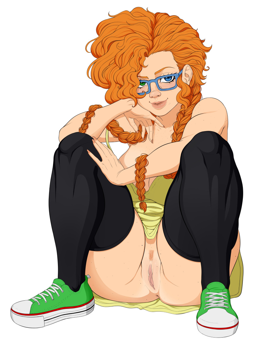 1girls curly_hair dress female glasses lips looking_at_viewer luenartt orange_hair pussy sitting thick_thighs thighhighs twin_braids upskirt white_background