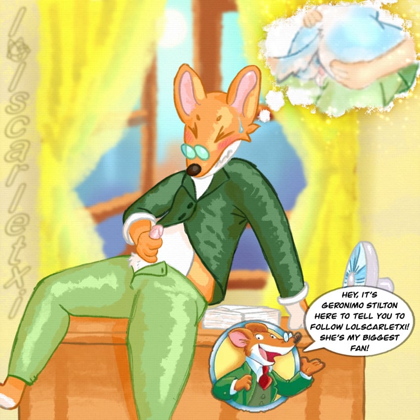 1:1 anthro anus balls blush blush_lines bodily_fluids breaking_the_fourth_wall canid canine canis cel_shading clothed clothing desk duo english_text female florence_(lolscarletxi) fluffy_balls furniture furry_balls genitals geronimo_stilton geronimo_stilton_(series) hi_res lolscarletxi male male/female mammal masturbation mouse murid murine office on_desk partially_clothed penetration penile penile_penetration penis rodent shaded solo sweat sweatdrop table text thinking thought_bubble vaginal_penetration vaginal_penetration wolf