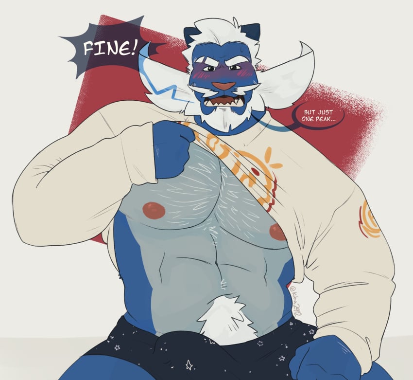 2023 abs absurd_res anthro anthrofied barazoku beard big_bulge big_muscles big_pecs blush bodily_fluids body_hair border bulge chest_hair clothed clothing dialogue embarrassed english_text erection erection_under_clothing eyebrows facial_hair generation_5_pokemon hair happy_trail hi_res kiba24 looking_at_viewer male male_only mature_anthro mature_male moustache muscular muscular_anthro muscular_male narrowed_eyes navel nintendo nipples open_mouth pecs pokemon pokemon_(species) pokemorph pubes raised_clothing raised_sweater raised_topwear red_background samurott shy simple_background sitting solo sweat sweater talking_to_viewer teeth text tongue topwear underwear white_border