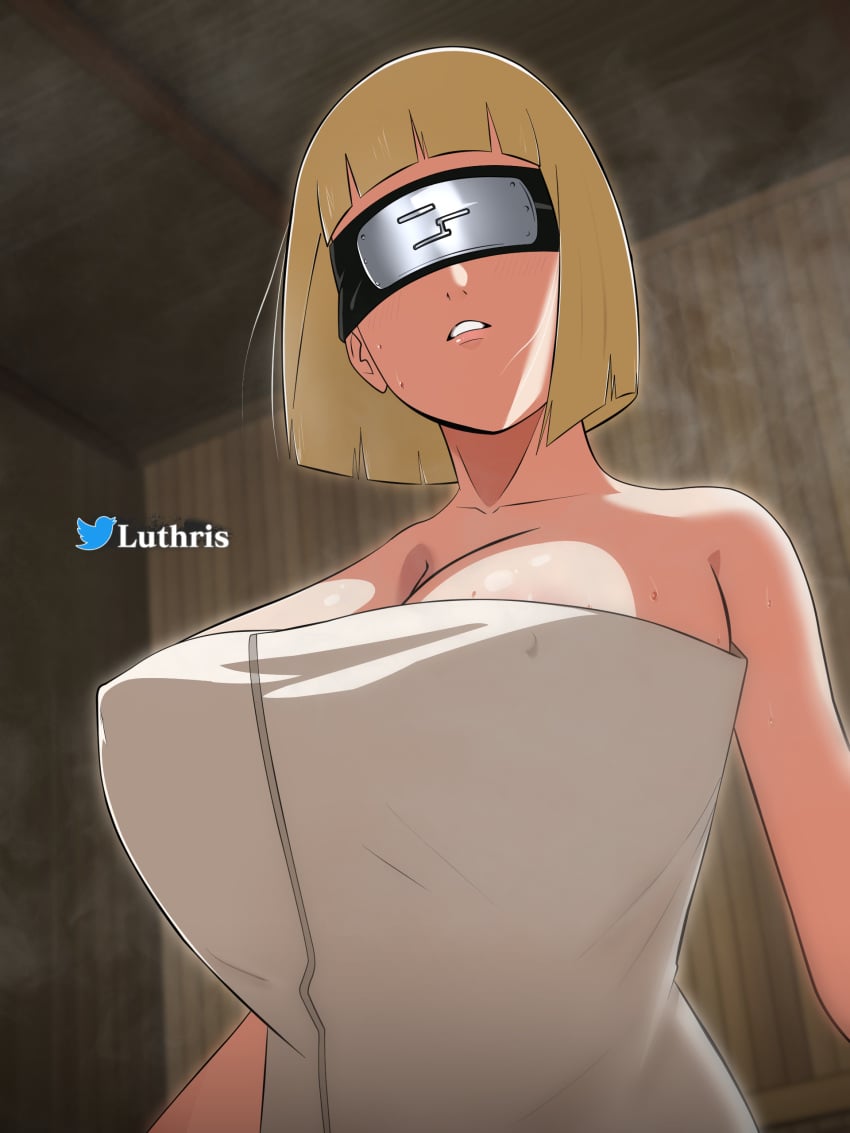 1girls bare_chest bare_shoulders barely_clothed big_breasts blindfold blonde_hair blunt_bangs bob_cut breasts breasts_bigger_than_head covered_eyes female female_only forehead_protector headband huge_breasts human human_only improvised_blindfold improvised_bondage kumogakure_symbol kunoichi large_breasts luthris mature mature_female naruto naruto_(series) naruto_shippuden ninja samui sauna solo solo_female solo_focus steam sweat sweatdrop top_heavy towel towel_only upper_body voluptuous