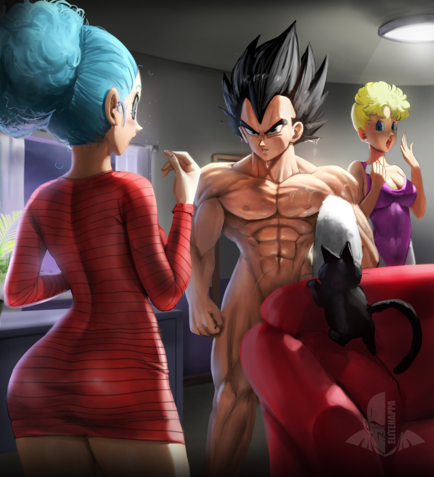 1boy 1male 2girls 2girls1boy abs afro artist_logo artist_name artist_signature ass ass_in_dress black_eyes black_hair blonde_female blonde_hair blue_eyes blue_hair blush breasts bulma bulma_(afro) bulma_(dragon_ball) bulma_briefs cfnm clothed clothed_female clothed_female_nude_male convenient_censoring convenient_censorship couch dat_ass dragon_ball dragon_ball_z duaghters_husband elitenappa exhibitionism feline female hair_bun male muscular muscular_male naked no_sex nude nude_male panchy panchy_(dragon_ball) panchy_briefs saiyan six_pack son-in-law surprised towel vegeta wet