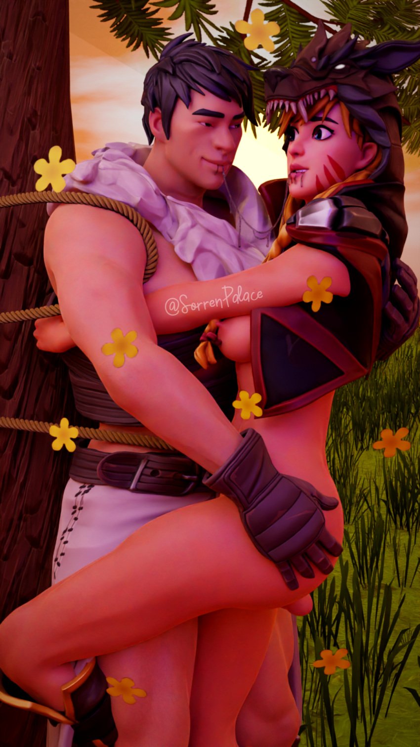 3d blender female fortnite fortnite:_battle_royale frottage grim_fable half_naked hug looking_at_each_other muscular_male outdoors rubbing smiling sorrenpalace zenith_(fortnite)