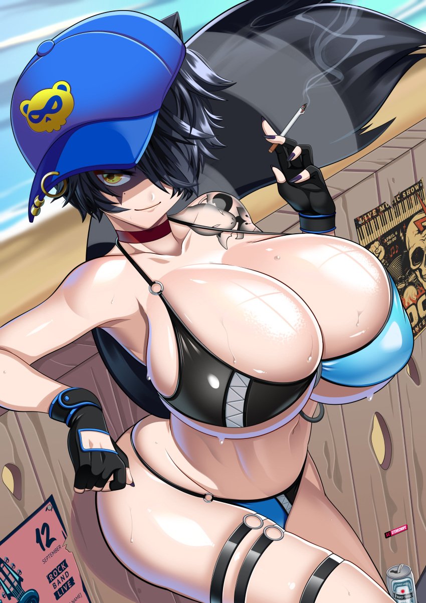 1girls absurdres against_fence against_wall aluminum_can animal_ears animal_tail artist_name bakunyuu baseball_cap beach beer beer_can bikini bikini_bottom bikini_top black_fingerless_gloves black_gloves black_hair black_hair_female black_nails blue_headwear blue_water breasts bursting_breasts can choker cigarette cigarette_smoke cleavage clothing collar collarbone cowboy_shot curvaceous enormous_breasts female_humanoid fence fingerless_gloves gloves handwear hat highres holding holding_cigarette hourglass_figure huge_breasts huge_cleavage humanoid indie_virtual_youtuber leaning_against_wall leaning_back massive_breasts multicolored_bikini multicolored_clothes multicolored_swimsuit multicolored_swimwear navel neckwear o-ring o-ring_bikini o-ring_bikini_top o-ring_bottom o-ring_thigh_strap outdoors outside pale_skin pierced_hat poster poster_(object) public raccoon raccoon_ears raccoon_girl raccoon_humanoid raccoon_tail racoon_girl red_choker red_collar red_neckwear shadow shore short_black_hair short_hair short_hair_female shoulder_tattoo skull smoke smoking smoking_cigarette snake_tattoo snuffy solo solo_female stevechopz sweatdrop swimsuit swimwear tail tattoo thigh_strap virtual_youtuber voluptuous voluptuous_female water wet_body wet_breasts wet_skin wood wooden_fence wooden_wall yellow_eyes yellow_eyes_female