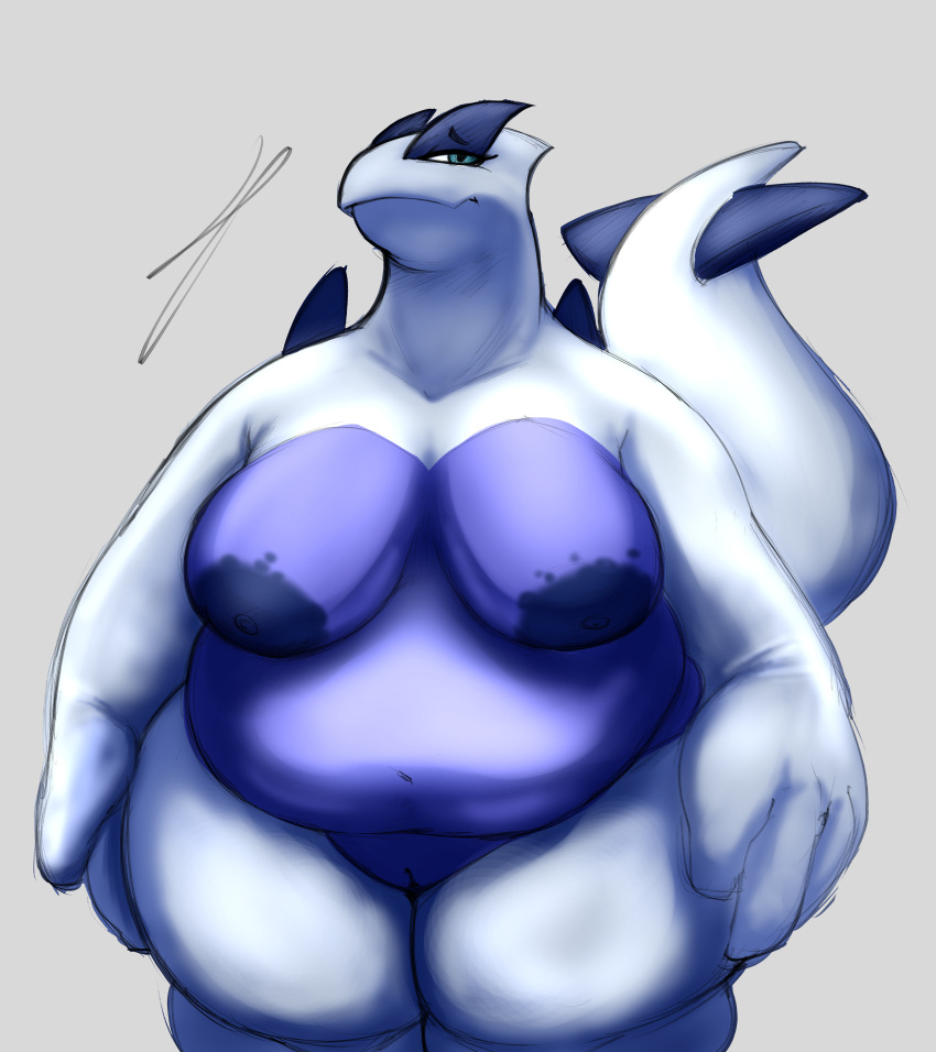 absurd_res anthro areola ass avian belly big_areola big_breasts big_butt big_forearms big_hands blue_eyes breasts curvy_figure digital_media_(artwork) eye_moisturizer female forearms generation_2_pokemon genitals hi_res legendary_pokemon looking_at_viewer lugia nintendo nipples nude overweight overweight_anthro overweight_female plump_labia pokemon pokemon_(species) pussy simple_background solo tail thick_neck thick_thighs wide_hips