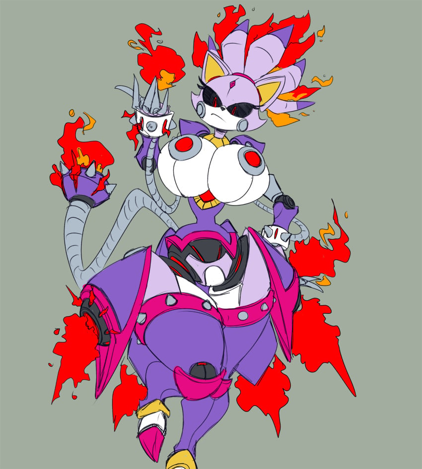 anthro big_breasts blaze_the_cat breasts domestic_cat felid feline felis female fire gem hair hi_res imric1251 machine mammal purple_body purple_hair red_eyes robot sega simple_background solo sonic_(series) sonic_the_hedgehog_(series) spikes