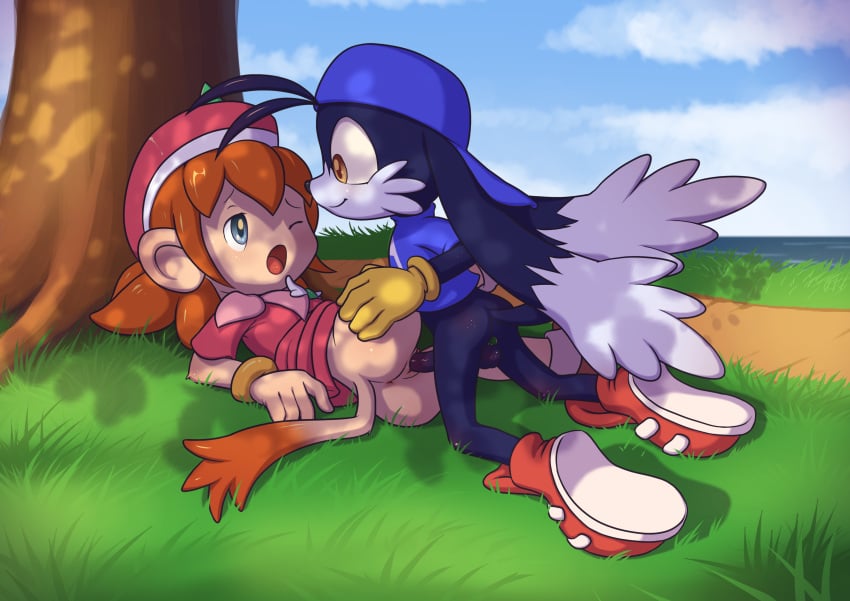 1boy anthro ass_focus bandai_namco cabbit cock_ring commission female happy_sex hi_res hybrid klonoa klonoa_(series) lolo_(klonoa) minum missionary_position monkey_girl namco outdoor_sex partially_clothed pleasure_face sex_on_floor