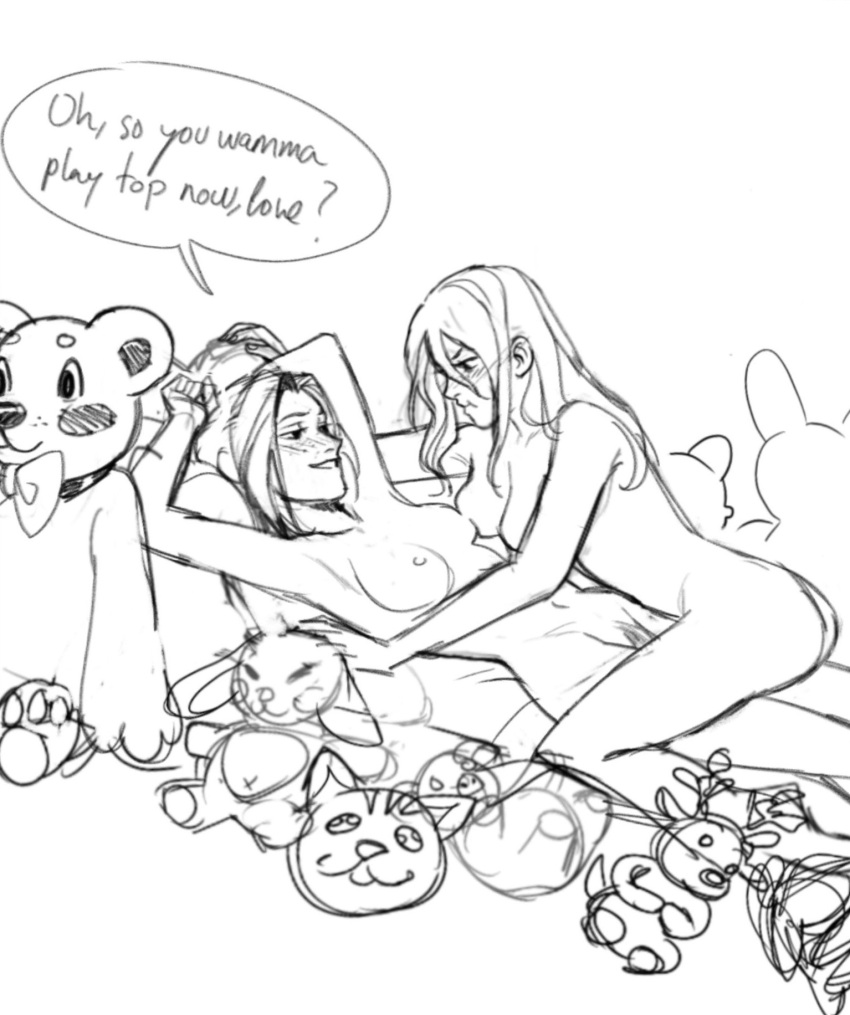 2girls attack_on_titan blush breast_press christa_lenz english_text female_only female_pubic_hair gamine_shh historia_reiss humor imminent_sex pout pubic_hair shingeki_no_kyojin sketch speech_bubble stuffed_animal wholesome ymir_(shingeki_no_kyojin) yuri