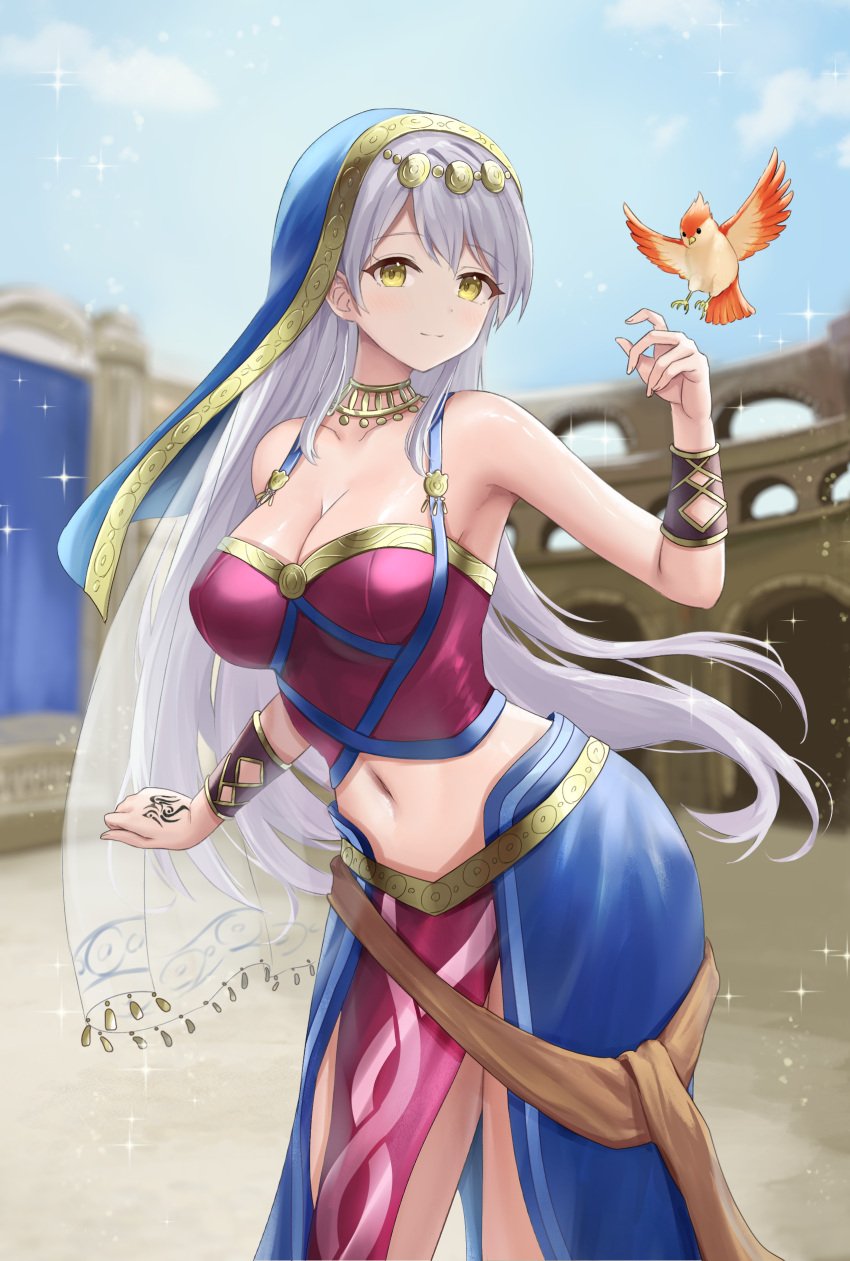 1girls alternate_costume armpits azura_(fire_emblem)_(cosplay) bare_midriff bare_shoulders bare_thighs bird breasts cleavage collarbone cosplay dancer female female_only fire_emblem fire_emblem:_radiant_dawn fire_emblem_heroes grey_hair hand_tattoo large_breasts long_hair looking_at_viewer micaiah_(fire_emblem) midriff nintendo pelvic_curtain sauvignon shoulders silver_hair smile solo tattoo thighs very_long_hair yellow_eyes yune_(fire_emblem)