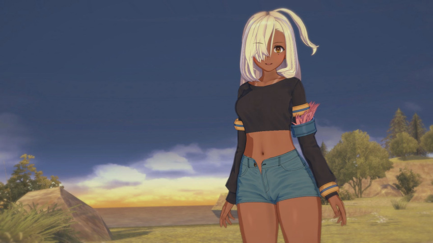 16:9 1girls before_sex belly belly_button black_shirt clothed dragalia_lost female happy long_hair looking_at_viewer looking_pleasured nadine_(dragalia_lost) open_eyes open_mouth outdoors short_pants standing tanned tanned_skin