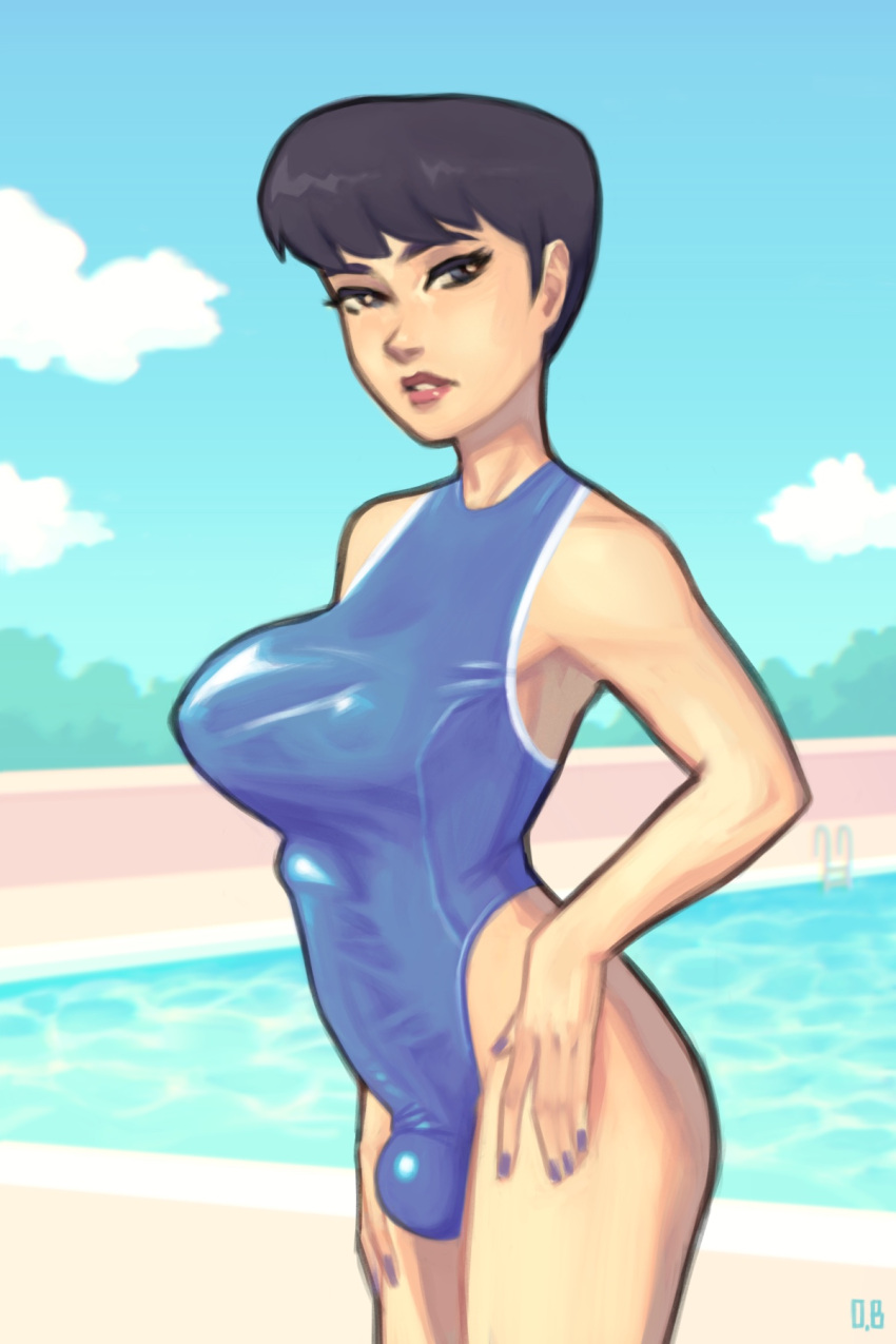 1futa balls big_breasts big_penis black_hair blue_nails breasts bulge bulge_through_clothing clothed clothing erection futa_only futanari human light-skinned_futanari light_skin looking_at_viewer mostly_clothed oddbodyinc penis pool poolside short_hair solo standing swimsuit