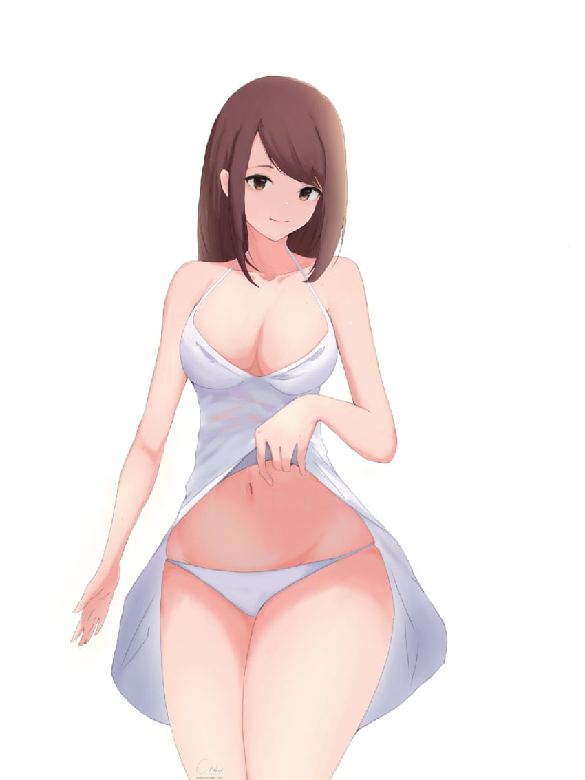 1girls borrowed_character brown_eyes brown_hair chika commission commissioner_upload dress dress_lift emily(blarghonator) female female_only original_character pinup solo the_city_of_reygarth white_background white_panties