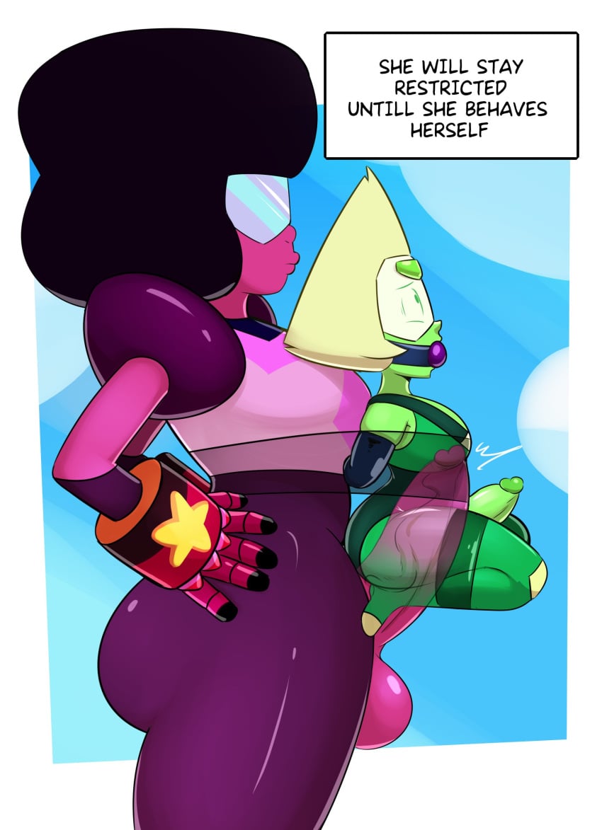 2020s 2023 2d 2futas ball_gag balls big_breasts big_dom_small_sub big_penis bondage breasts clothed clothing dialogue duo english_text erection fanny_packing futa_on_futa futa_only futadom futanari futasub gag garnet_(steven_universe) gauntlet gauntlets gem_(species) gem_fusion green-skinned_futanari green_skin huge_cock humanoid humanoid_penis intersex larger_futanari penetration penis peridot_(steven_universe) sex side_view smaller_futanari spakka5 standing steven_universe suspended_on_penis text visor x-ray