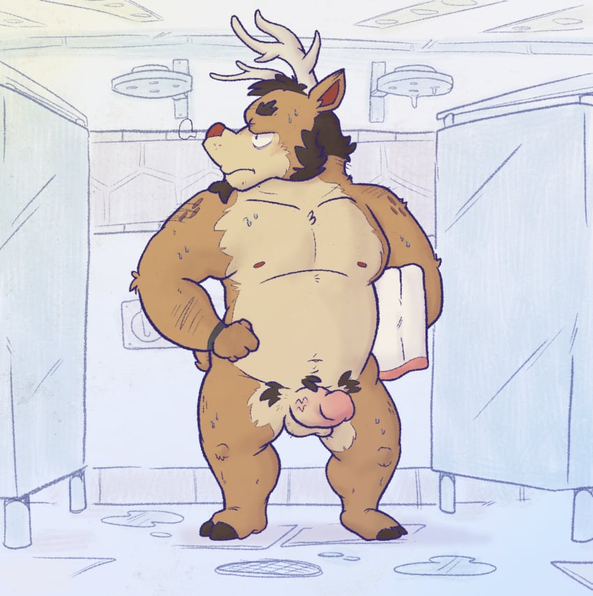 anthro buffalonickels deer erection facial_hair genitals hi_res humanoid_genitalia male mammal nude penis shower slightly_chubby slightly_chubby_male solo standing