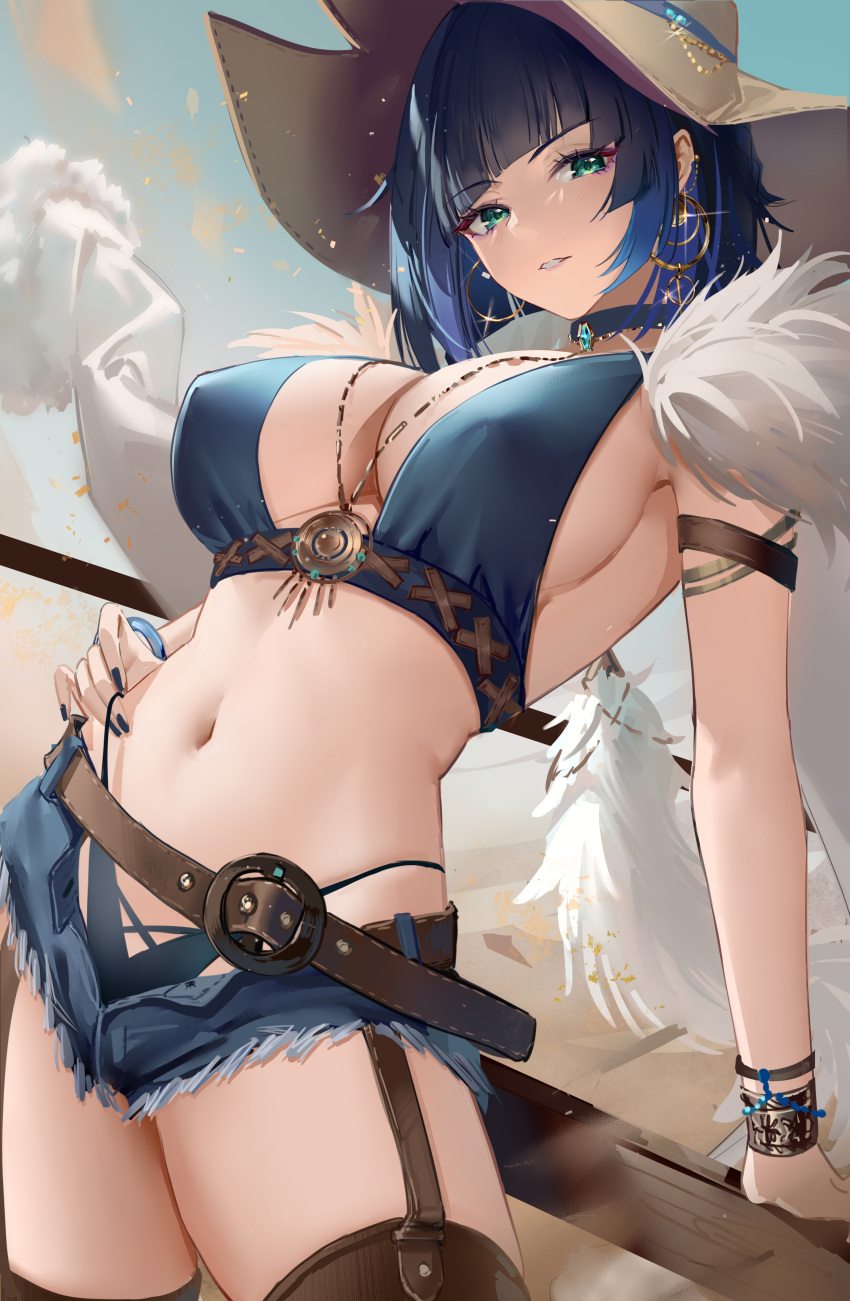 1girls belt big_breasts blue_hair earrings female female_only genshin_impact green_eyes hat hi_res highres large_breasts loki1998 looking_at_viewer midriff minishorts navel necklace open_fly open_shorts short_hair shorts solo solo_female thick thick_thighs thighhighs voluptuous yelan_(genshin_impact)