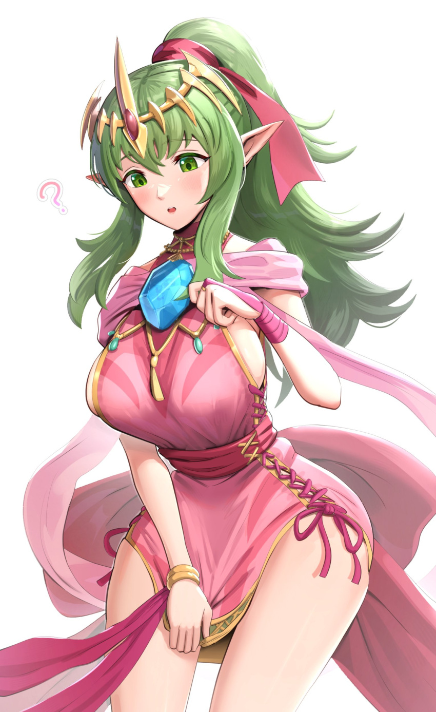 1girls ? absurdres blush breasts brooch commentary_request confused cowboy_shot crown dragonstone dress dress_tug female female_only fire_emblem fire_emblem_awakening fire_emblem_heroes gonzarez green_eyes green_hair highres jewelry large_breasts long_hair nintendo official_alternate_costume open_mouth pink_dress pointy_ears ponytail pulling short_dress sideboob sidelocks simple_background solo standing thighs tiara tiki_(adult)_(fire_emblem) tiki_(fire_emblem) white_background