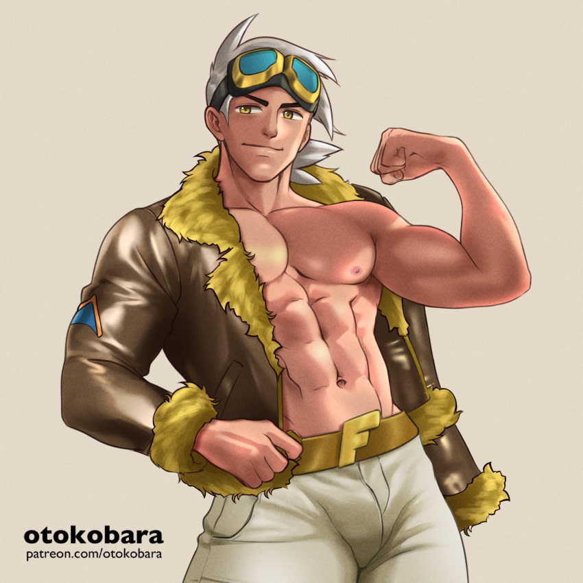 1boy bulge flexing male male_only muscles muscular muscular_male open_jacket otokobara pokemon pokemon_(anime) pokemon_horizons pokemon_professor professor_friede solo tan-skinned_male tan_skin white_hair yellow_eyes