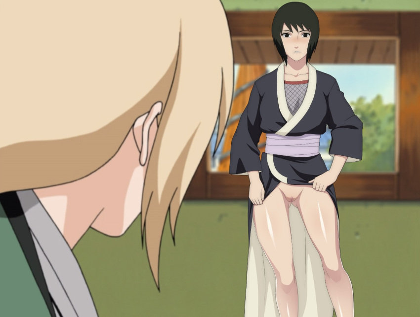 2girls bare_legs bare_thighs before_sex black_eyes black_hair blonde_hair blush breasts clothed_female clothing clothing_lift edited female female_only indoors inviting inviting_to_sex kimono kimono_lift lifted_by_self long_hair looking_at_another looking_at_partner looking_at_viewer multiple_girls naruto naruto_(series) naruto_shippuden no_panties no_underwear presenting presenting_pussy shizune smile standing teacher_and_student thighs tsunade