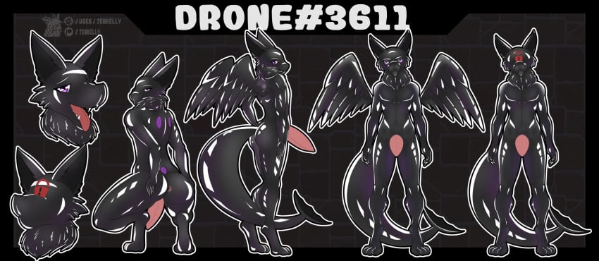 anthro anus ass big_butt big_penis drone genitals hi_res latex latex_drone lock male model_sheet nintendo penis pokemon smile smirk solo tenkelly thick thick_thighs tongue wings