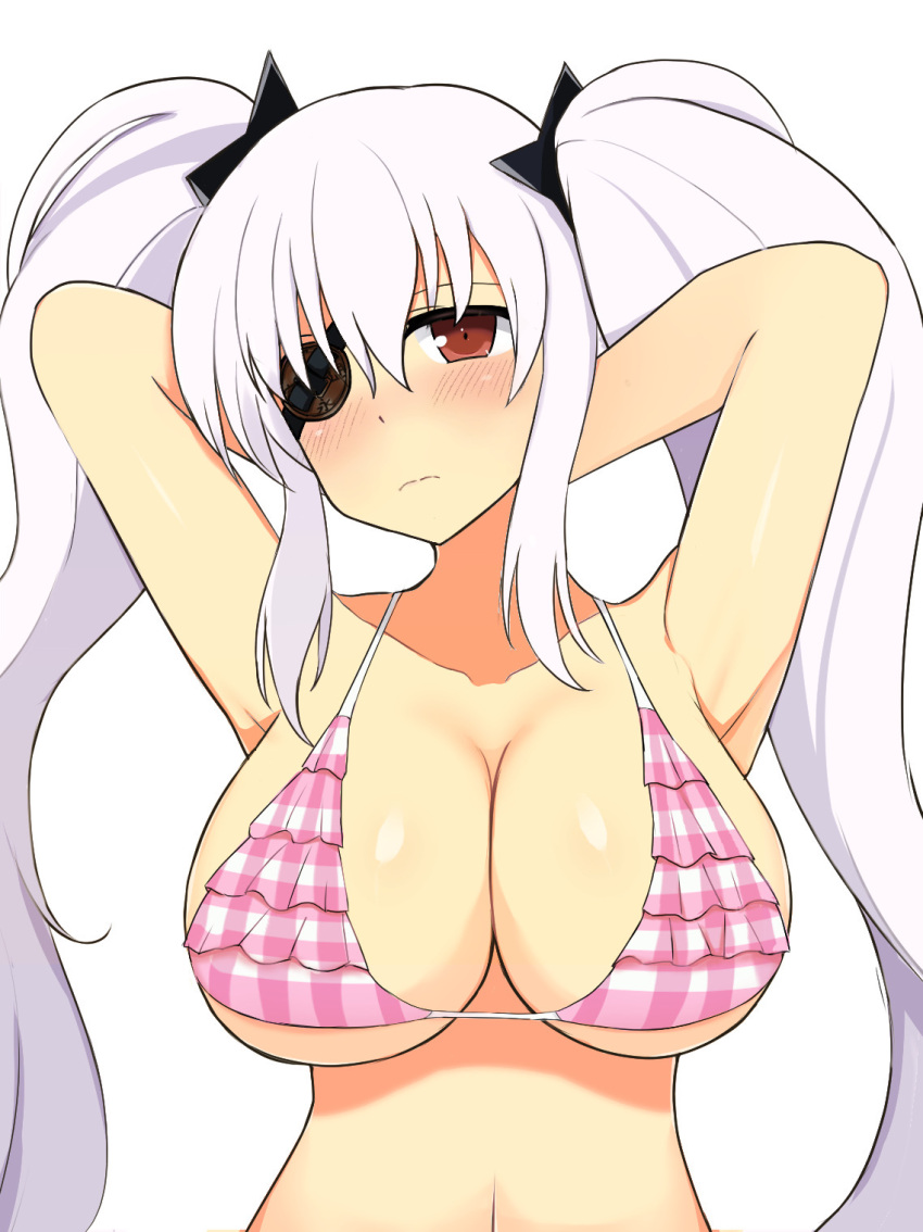 1girls armpits arms_up bangs big_breasts bikini blush cleavage embarrassed eye_patch female front_view hair_between_eyes hands_behind_head huge_breasts light-skinned_female light_skin looking_at_viewer manjou one_eye_obstructed red_eyes senran_kagura sidelocks simple_background solo twintails very_long_hair white_background white_hair yagyuu_(senran_kagura)