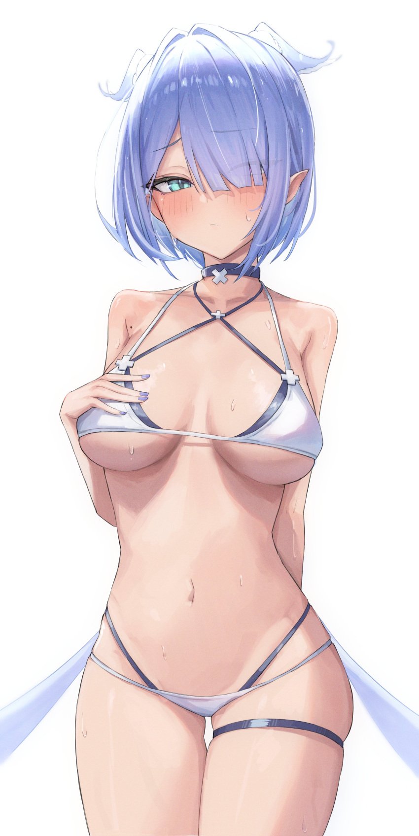 1girls bare_midriff bare_shoulders belly_button big_breasts bikini blue_hair blush collar dragon_girl dragon_wings elira_pendora exposed_shoulders exposed_torso hair_covering_eye hair_over_one_eye hair_wings head_wings heterochromia hi_res highres hip_wings midriff mole navel nijisanji nijisanji_en one_eye_obstructed pointy_ears ruru_nnnn short_hair solo solo_female solo_focus swimsuit swimwear thigh_gap thigh_strap virtual_youtuber wet wet_skin white_background