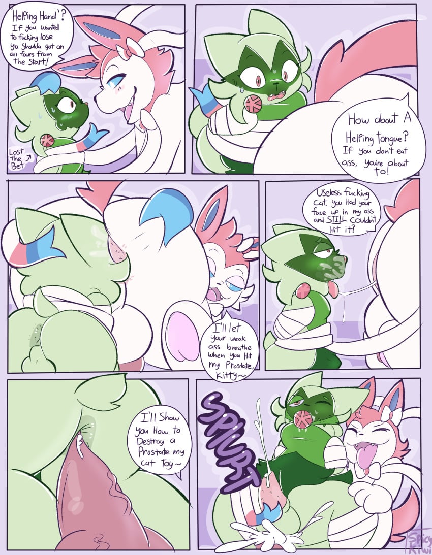 2boys absurd_res anal anal_sex anatomically_correct anatomically_correct_genitalia anus ass balls big_butt big_dom_small_sub big_penis blue_eyes bodily_fluids bondage bound comic cum cum_in_ass cum_inside dominant dominant_male duo eeveelution feral floragato fur gag gagged generation_6_pokemon generation_9_pokemon genital_fluids genitals green_body green_fur hi_res male male/male male_only male_sylveon nintendo oral penetration penis pokemon pokemon_(species) pokemon_sv ribbon_bondage ribbons rimming saliva saliva_string sex size_difference spicykiwi sylveon tail text