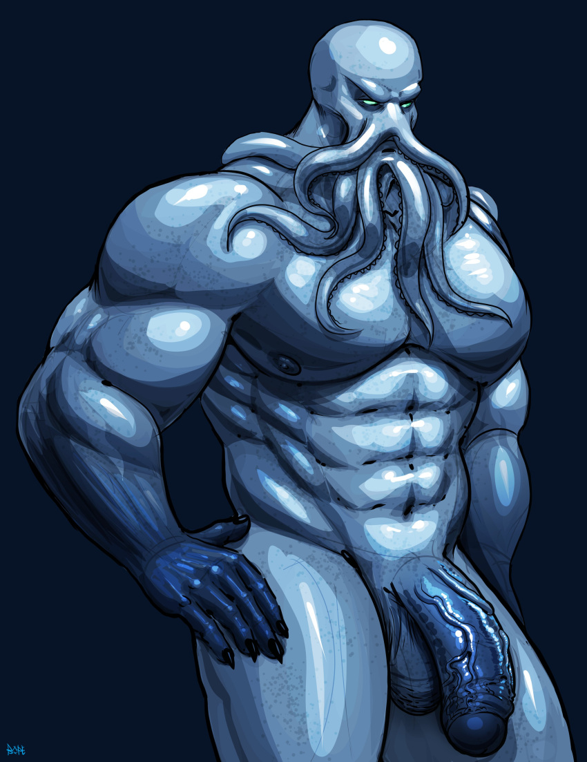 1boy balls bara big_penis blue_skin cthulhu male male_only monster muscular muscular_male penis solo solo_male