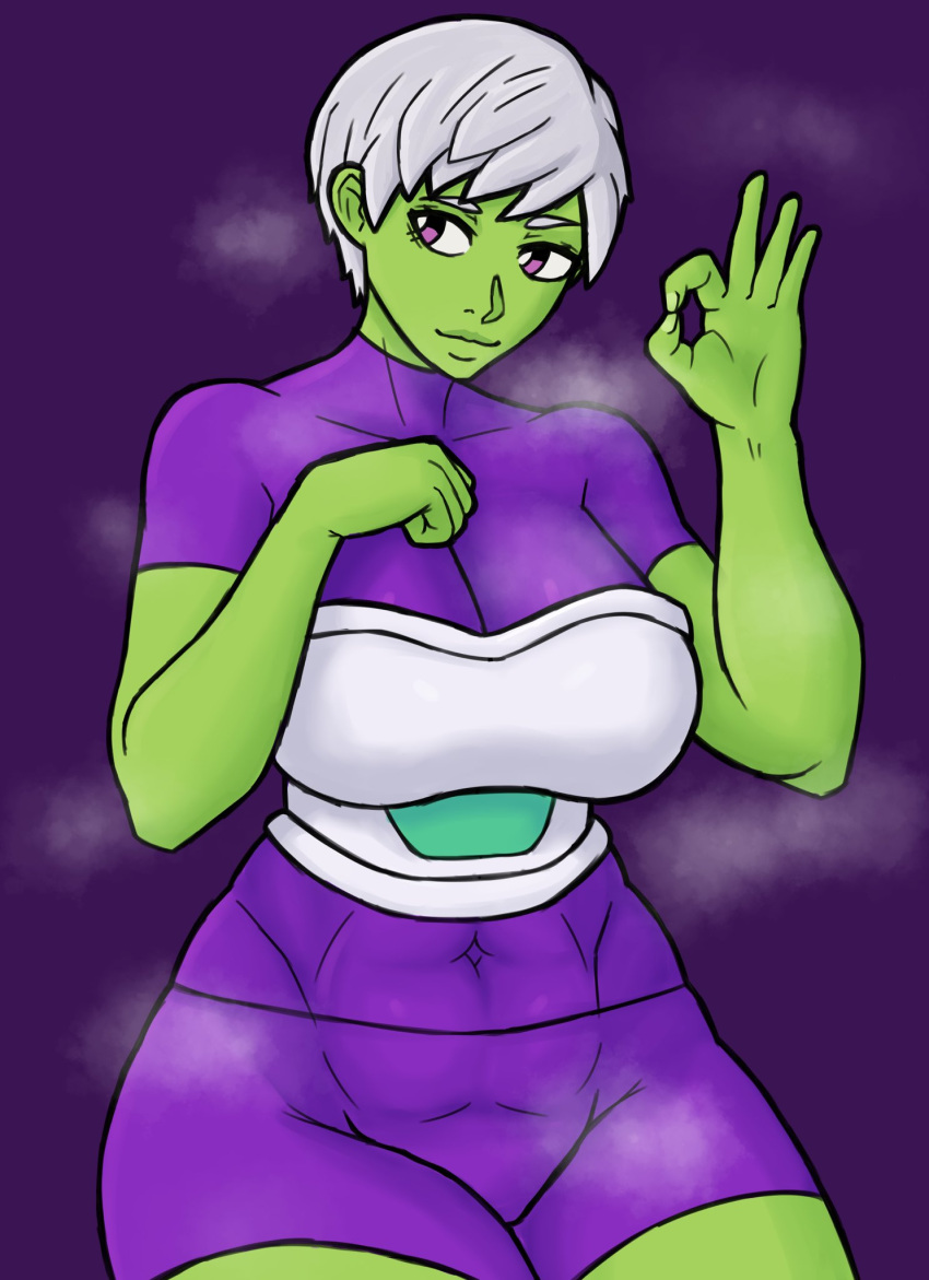 1girls 2d breasts cheelai clothed_female clothes curvy dragon_ball dragon_ball_super dragon_ball_super_broly female female_focus female_only gesture green-skinned_female green_skin looking_away ok_sign purple_background saankyu short_hair slushiebest solo steamy thick_thighs white_hair wide_hips