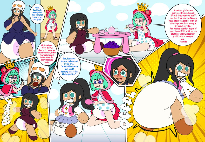 crying_with_eyes_open diaper dollification english_text female female_only identity_death new_life nico_robin one_piece post-timeskip sugar_(one_piece) text thesheepl transformation