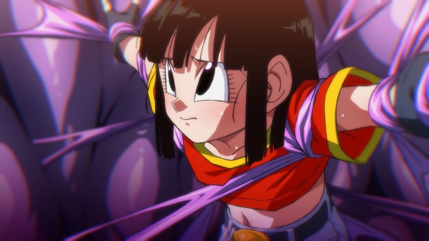 belt black_eyes black_hair bound bound_wrists crop_top dragon_ball dragon_ball_gt gloves hair_down jeans midriff nervous pan_(dragon_ball) red_shirt restrained rom scared sweating worried