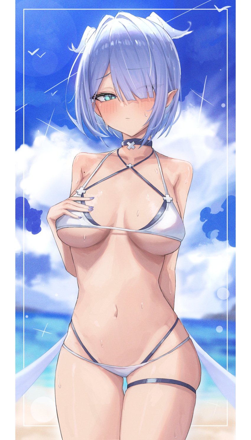 1girls bare_midriff bare_shoulders belly_button big_breasts bikini blue_hair blush collar dragon_girl dragon_wings elira_pendora exposed_shoulders exposed_torso hair_covering_eye hair_over_one_eye hair_wings head_wings heterochromia hi_res highres hip_wings midriff mole navel nijisanji nijisanji_en one_eye_obstructed pointy_ears ruru_nnnn short_hair solo solo_female solo_focus swimsuit swimwear thigh_gap thigh_strap virtual_youtuber wet wet_skin