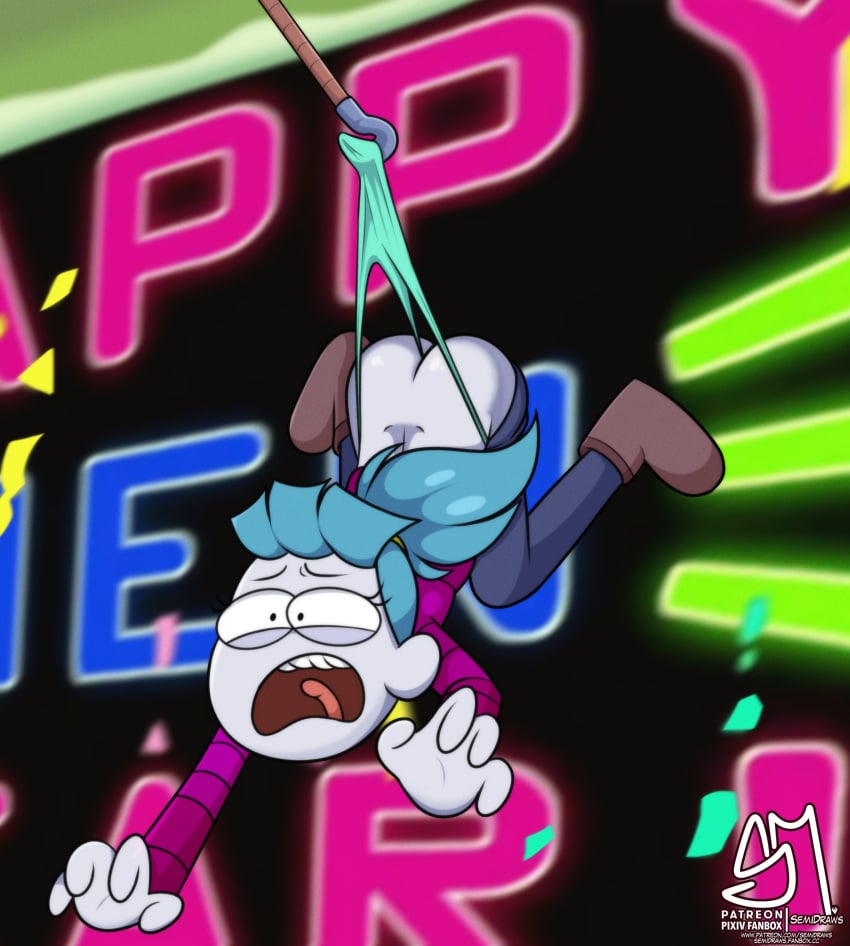 anthro ass big_city_greens blue_hair disney disney_channel falling female female_only gloria_sato happy_new_year panties panty_pull purple_skin screaming_in_pain semidraws shocked_expression underwear wedgie