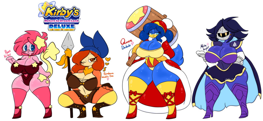 bandana_waddle_dee big_boobs big_breasts big_thighs blue_body blue_hair king_dedede kirby kirby_(series) lewdchuu_(artist) meta_knight orange_body orange_hair pink_body pink_hair pyon_(lewdchuu) rule_63