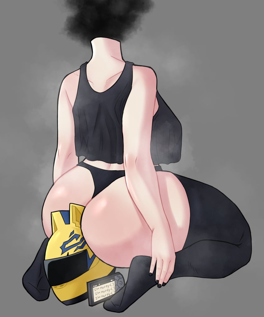 1girls big_ass celty_sturluson crop_top dullahan durarara!! from_behind headless headless_woman kneeling large_breasts on_knees panties sideboob simple_background slushiebest thighhighs