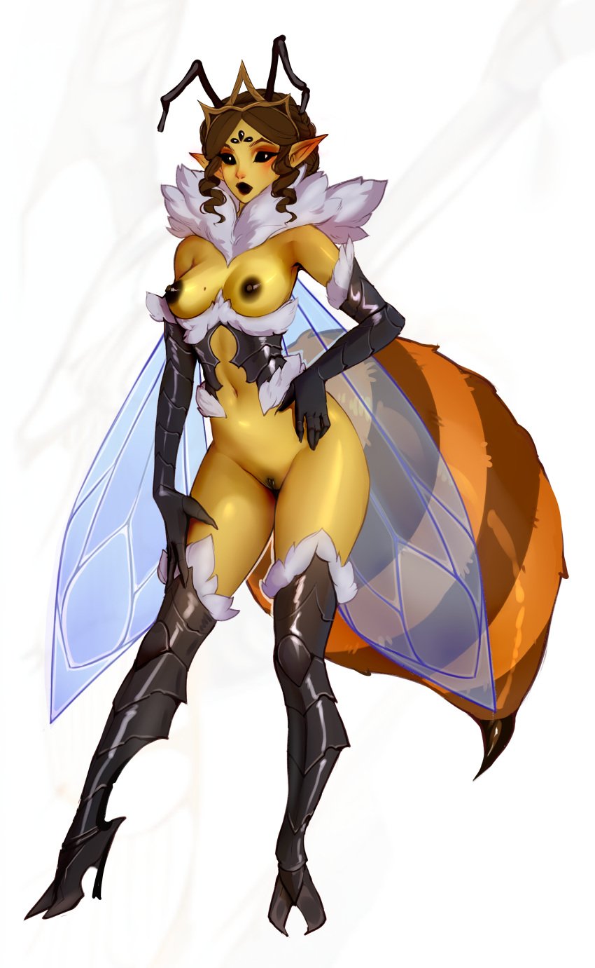 1girls absurd_res antennae_(anatomy) armwear arthropod arthropod_abdomen bee black_eyes black_lips black_nipples breasts brown_hair clothing crown elbow_gloves exoskeleton female fey footwear fuzzy genitals gloves hair handwear headgear hi_res high_heels humanoid_pointy_ears hymenopteran insect_wings insects lips maewix1 multi_eye nipples pussy solo standing stinger underbust_corset vyrza_(pelorix) wings yellow_body yellow_skin