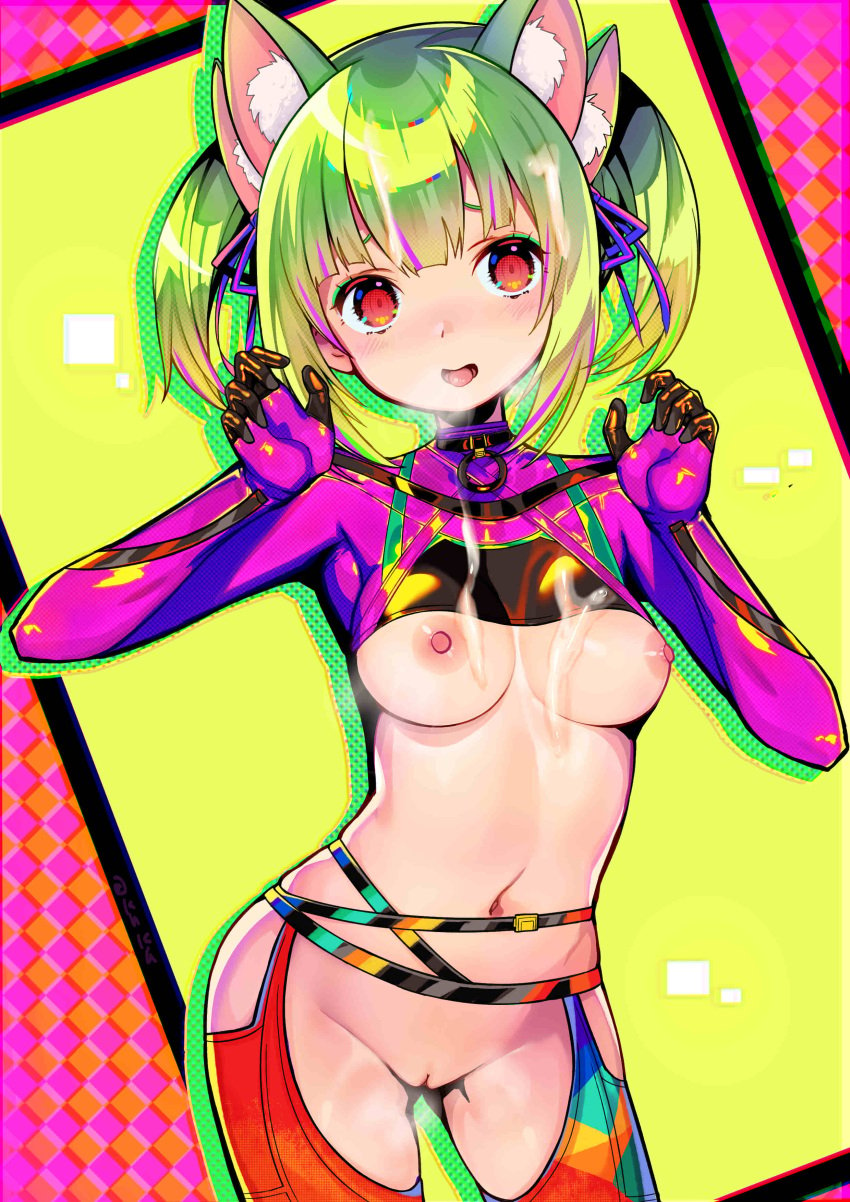 absurdres animal_ears blush bodysuit breasts cat_ears cum cum_on_body dohna_dohna_issho_ni_warui_koto_o_shiyou extra_ears female green_hair highres kirakira_(dohna_dohna) kuka looking_at_viewer medium_hair midriff multicolored_bodysuit multicolored_clothes multicolored_hair navel nipples orange_eyes partial_bodysuit pink_hair pussy skindentation small_breasts smile solo twintails two-tone_hair uncensored underboob