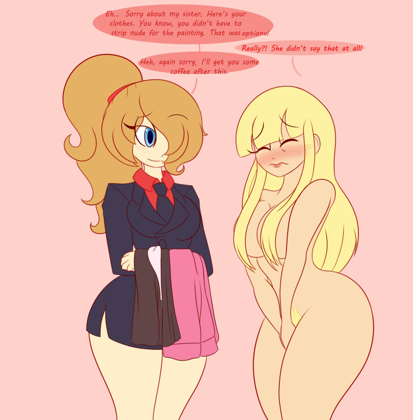 2girls artist_collab ass blonde_hair blush breasts brunette charlotte_(limbros) closed_eyes clothed_female_nude_female collaboration covered_breasts covering covering_crotch dialogue dress embarrassed female female_only limbros long_hair nude only_one_naked ponytail pubic_hair revrookington simple_background stolen_clothes suit suit_and_tie suit_jacket text text_bubble tiffany_(revrookington) tiffany_fay wide_hips