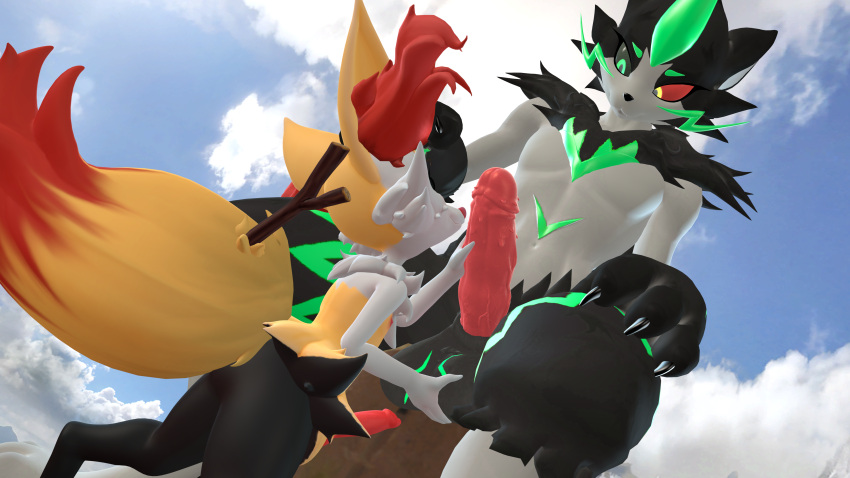 absurd_res anthro ball_fondling balls big_dom_small_sub bonepie braixen cybernetic_eye dominant duo fondling genitals handjob hi_res legendary_pokemon looking_down_at_partner looking_up_at_partner male male/male nintendo penile penis penis_size_difference pokemon pokemon_(species) sex sitting size_difference standing zeraora