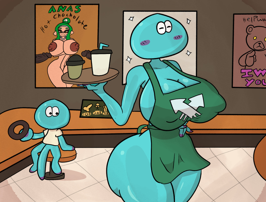 ambiguous_gender ana_margarita_(leviantan581re) ana_margarita_de_la_beef animal_humanoid anthro apron apron_only ass balls barista beverage big_breasts big_butt blush breasts cafe cephalopod cephalopod_humanoid clothed clothing cnidarian coffee container cup dezmine21 digital_media_(artwork) duo english_text erection female food genitals hi_res holding_object huge_breasts humanoid iced_latte_with_breast_milk inkling jellyfish looking_at_viewer male marine marine_humanoid medusozoan mollusk mollusk_humanoid mostly_nude mr._grizz nintendo nipples nude penis pseudo_hair size_difference smile splatoon stepmother tentacle tentacle_hair text thick_thighs topwear wide_hips