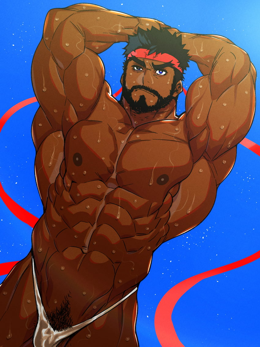 armpits arms_up balls bara beard black_hair bulge capcom dark-skinned_male dark_skin facial_hair headband kojima mabataki male male_only muscles muscular penis ryu_(street_fighter) solo solo_male street_fighter sweating_profusely sweaty