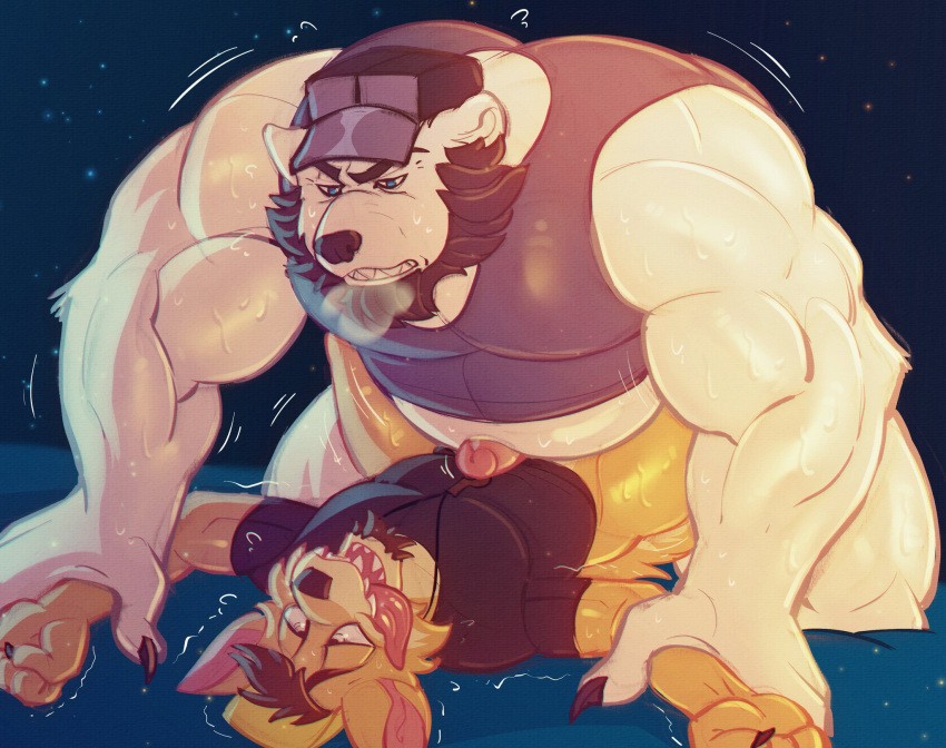 anal anal_sex arm_grab bear big_dom_small_sub canid canine canis clothed clothing daxterdingo domestic_dog dominant duo gay genitals hat headgear headwear hi_res k_jukesnsfw kidde_jukes male male/male male_only mammal musclegut partially_clothed penetration penis size_difference yaoi