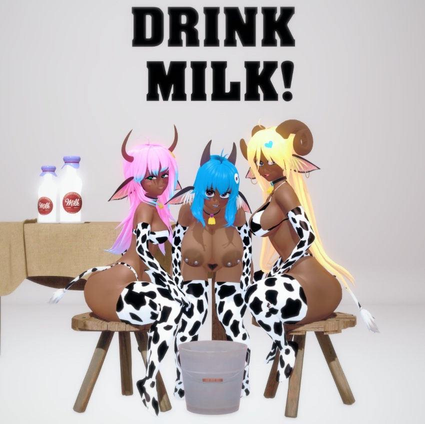 apul_pai blue_hair breasts cow_print cow_print_bikini cow_print_thighhighs cow_tail dark-skinned_female horns