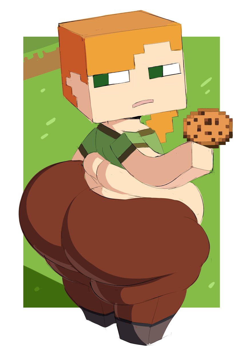 alex_(minecraft) big_ass big_butt bottom_heavy chubby cookie cube_head fat fat_ass fat_thighs female green_eyes huge_ass huge_butt looking_at_viewer looking_back minecraft mojang orange_hair overweight overweight_female ponytail shortstack spaghettiz thick_thighs weight_gain