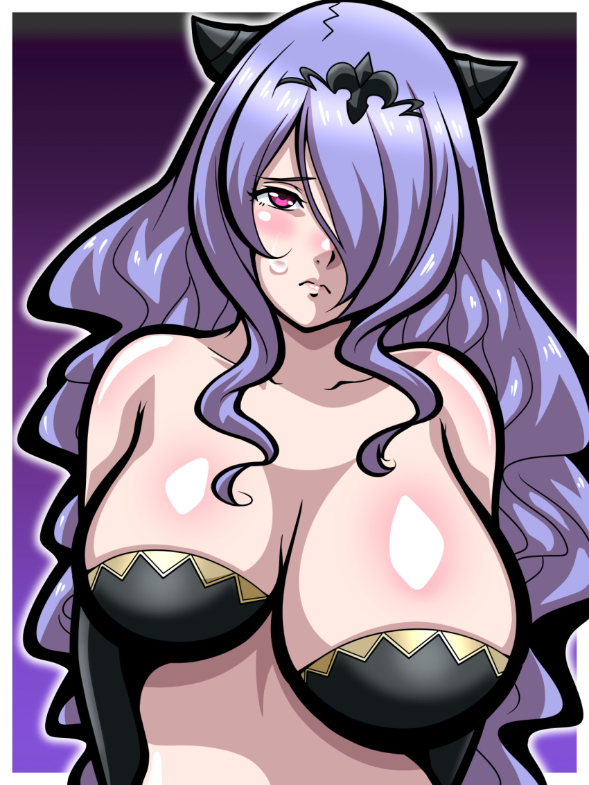 1girls bra camilla_(fire_emblem) female female_only fire_emblem fire_emblem_fates frown hair_over_one_eye horns huge_breasts inabakun00 large_breasts long_hair nintendo pink_eyes purple_eyes sad size_difference solo very_long_hair