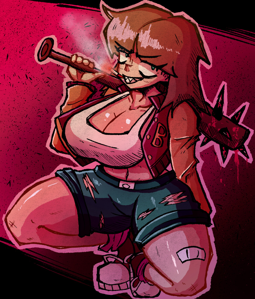 bangs_over_eyes bat blonde_female blonde_hair blood blood_stain boob_window cigarette fnf fnf_mods friday_night_funkin girl hotline_miami hotline_miami_2 jacket lucy_liskova_(lucy_liskova) ripped_jeans smoke smoking tannerocean_(artist) teal_eyes varsity