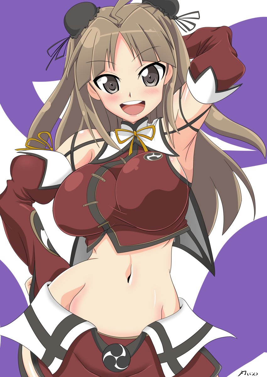 1girls :d ahoge armpits bangs brown_eyes brown_hair crop_top double_bun elbow_gloves eyebrows_visible_through_hair female groin ha_jin large_breasts light-skinned_female light_skin long_hair looking_at_viewer midriff navel open_mouth parted_bangs renka_(senran_kagura) senran_kagura simple_background smile solo standing