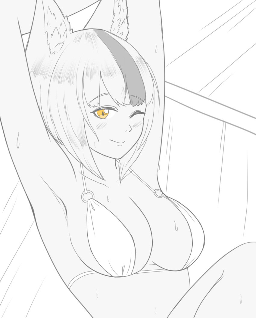 1girls ;) alternate_costume animal_ears armpits bikini breasts cat_neko_cat1 cleavage female female_only fire_emblem fire_emblem_fates fox_girl kitsune large_breasts looking_at_viewer medium_hair monochrome monster_girl nintendo one_eye_closed selkie_(fire_emblem) sideboob smile solo sweat swimsuit tail yellow_eyes