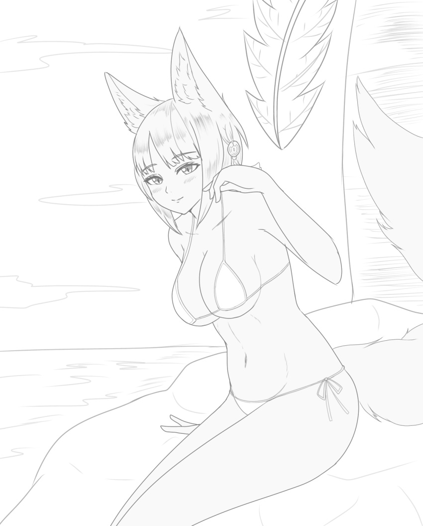 1girls alternate_costume animal_ears bangs bare_legs bikini breasts cat_neko_cat1 cleavage female female_only fire_emblem fire_emblem_fates fox_girl kitsune large_breasts legs looking_at_viewer monster_girl nintendo outdoors palm_tree rock selkie_(fire_emblem) short_hair sideboob sitting smile solo swimsuit tree underboob