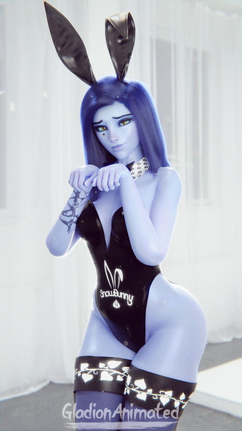 1girls 3d 3d_(artwork) amelie_lacroix ass blender blender_(software) blizzard_entertainment blue_hair blue_skin bowtie bunny_costume bunny_ears bunny_girl bunnysuit collar eye_contact eyebrows female female_focus female_only fit_female gladionanimated hand_gesture looking_at_viewer overwatch overwatch_2 posing qos queen_of_spade_symbol queen_of_spade_tattoo queen_of_spades seductive smile smiling smiling_at_viewer smirk solo spade spade_tattoo standing stockings straight_hair tattoo tattoos thick_thighs thighhighs tight_clothes tight_clothing widowmaker yellow_eyes